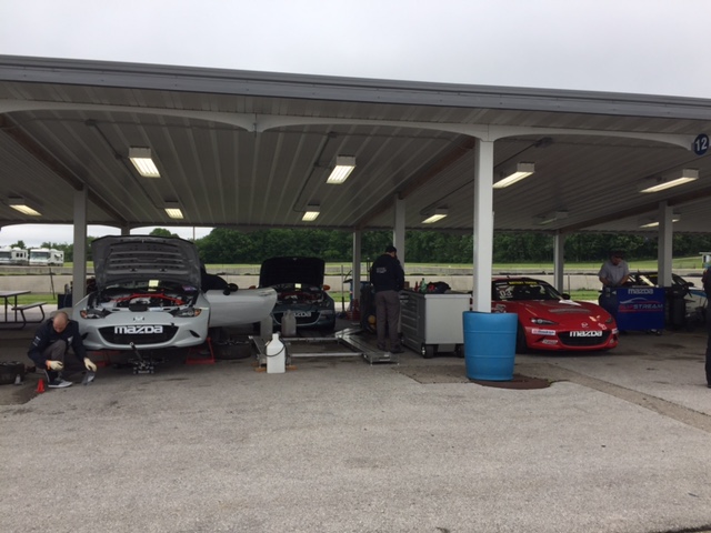 The garages were busy with test day preparations.